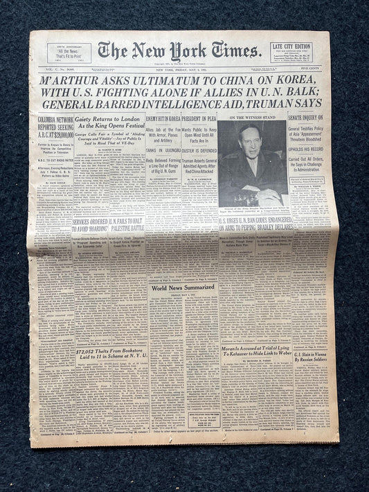1951 MacArthur China UN Korean War, US Forces Aid Korea, Korean Art history, Original Vintage Newspaper, KPOP Gifts Decor, Asian Souvenirs