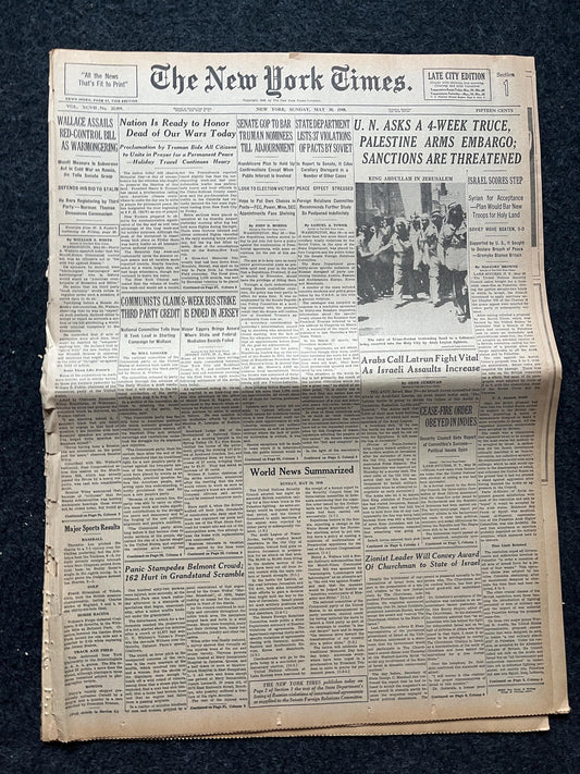 1948 Creation of Israel Expulsion of Palestinians- Vintage Original Newspaper, Jewish History Art, Middle East Gifts, Arab Artwork Decor
