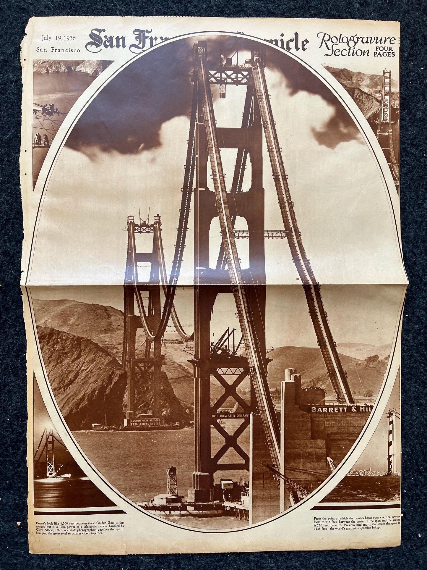 1936 Golden Gate Bridge Construction Picture, San Francisco Souvenirs, Celebration of SF Pride History, Bay Area Bridge, vintage Newspaper
