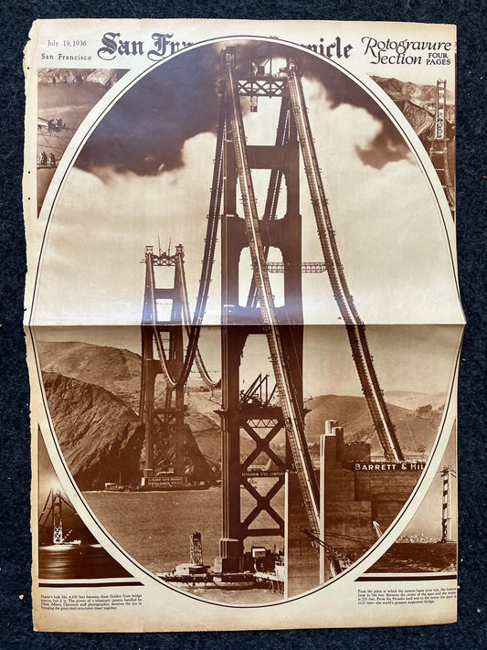 1936 Golden Gate Bridge Construction Picture, San Francisco Souvenirs, Celebration of SF Pride History, Bay Area Bridge, vintage Newspaper