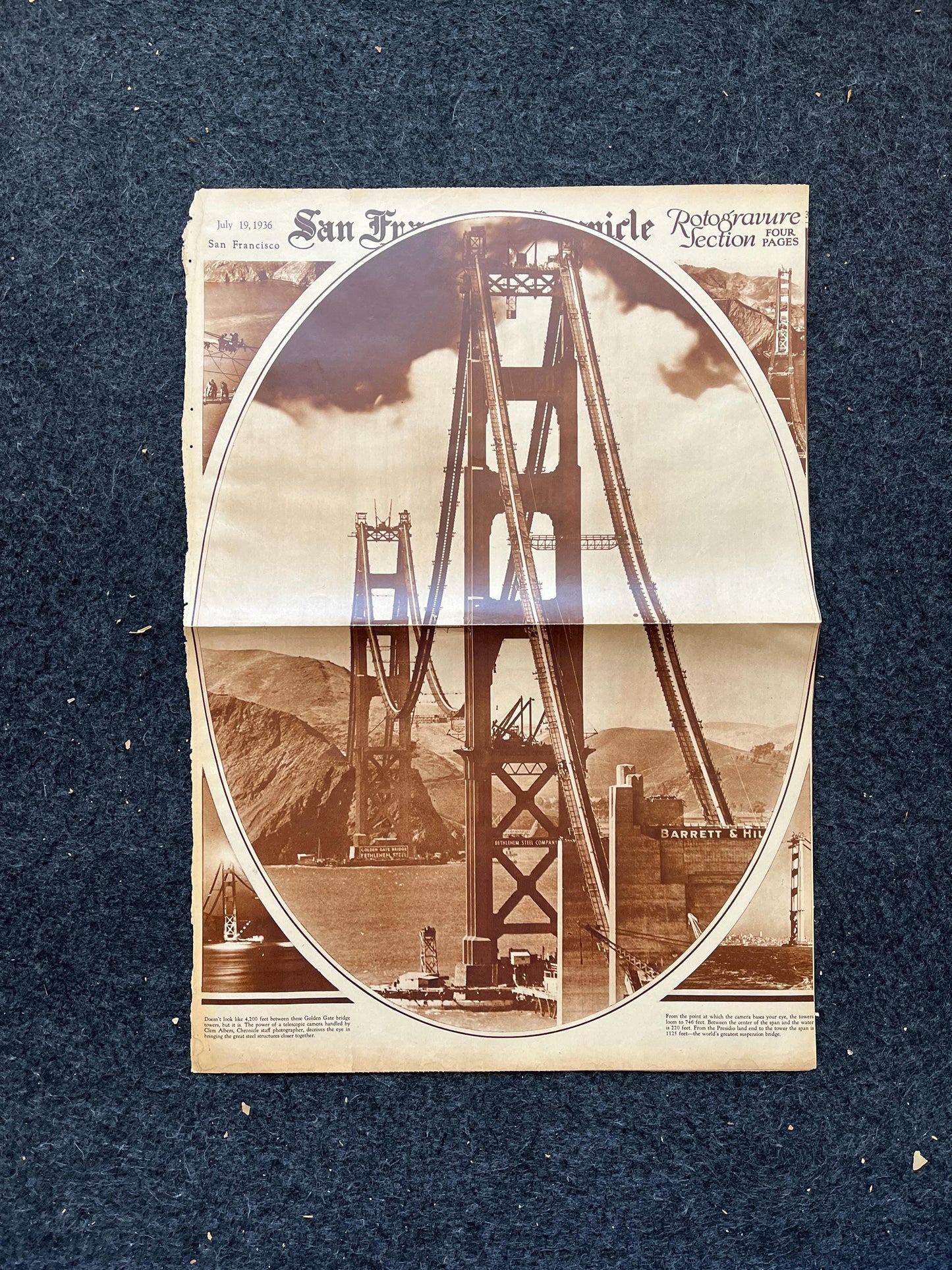 1936 Golden Gate Bridge Construction Picture, San Francisco Souvenirs, Celebration of SF Pride History, Bay Area Bridge, vintage Newspaper