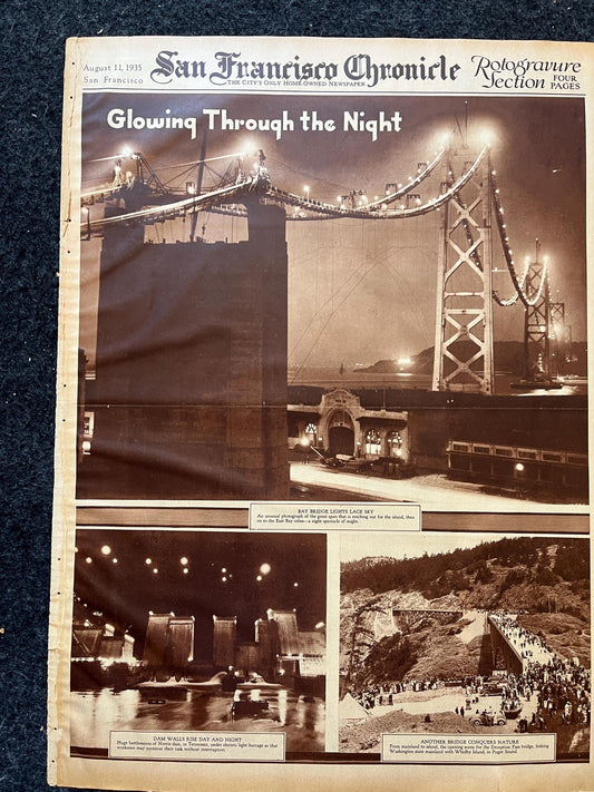 1936 SF Nightlife and Bridges, San Francisco Souvenirs, Celebration of SF Pride History, Bay Area Bridge, vintage Newspaper