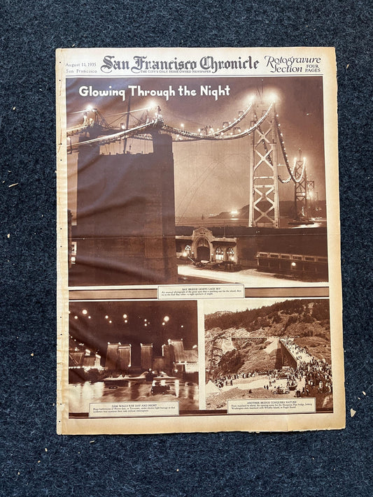 1936 SF Nightlife and Bridges, San Francisco Souvenirs, Celebration of SF Pride History, Bay Area Bridge, vintage Newspaper