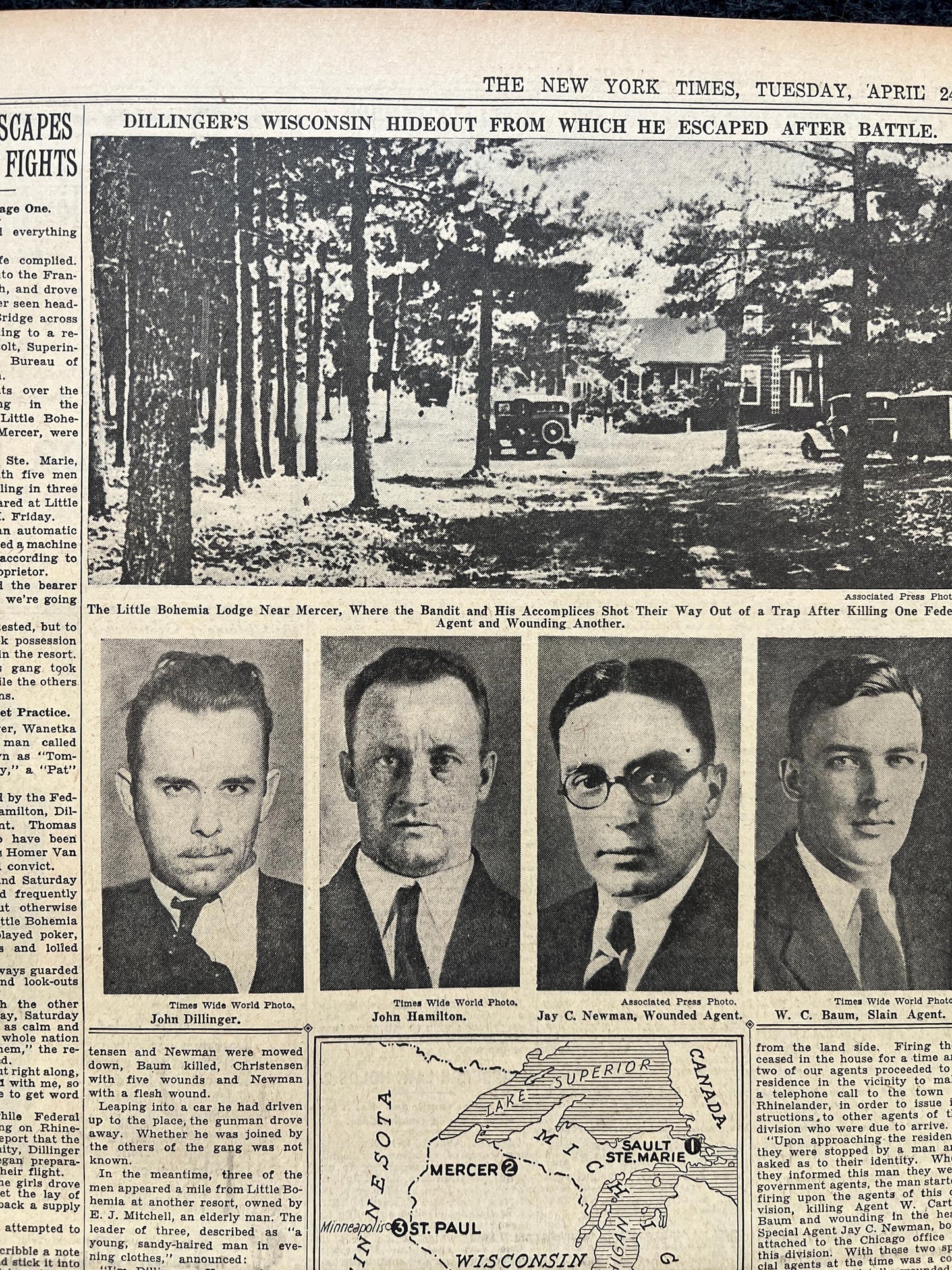 1934 Jon Dillinger Escapes Posse Newspaper, Gifts for Him, Kansas City Memorabilia Souvenirs, True Crime Memorabilia, Bar Mancave Gifts