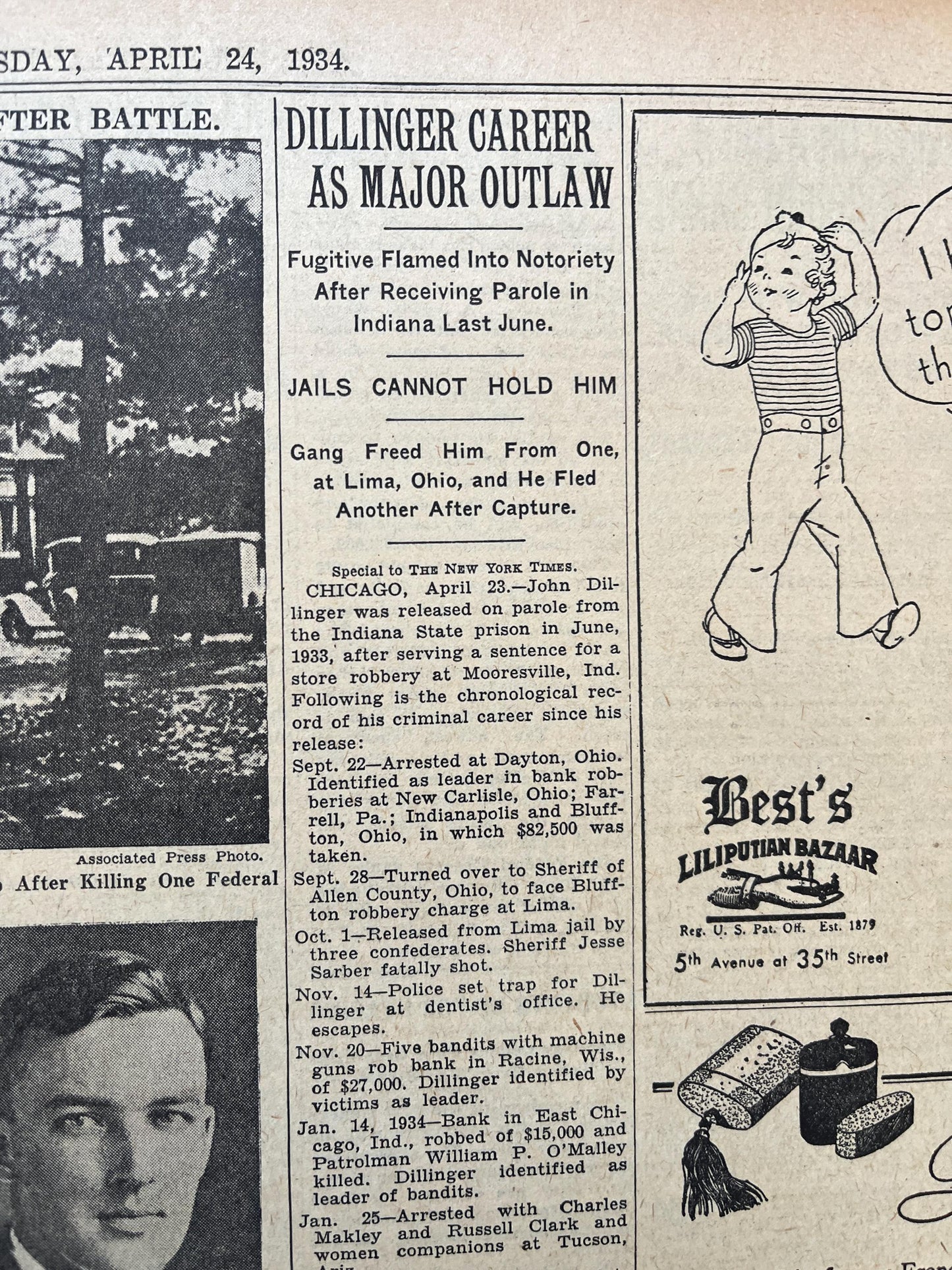 1934 Jon Dillinger Escapes Posse Newspaper, Gifts for Him, Kansas City Memorabilia Souvenirs, True Crime Memorabilia, Bar Mancave Gifts
