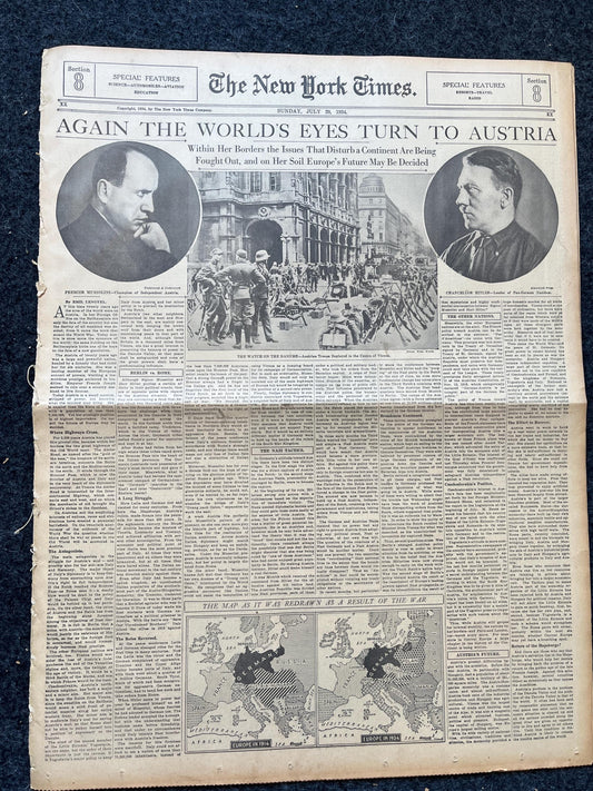 1934 Mussolini and German Chancellor Seize Austria, Prelude to WW2, Vintage Newspaper, Original History Gift, WW2 Memorabilia, Gifts for Him