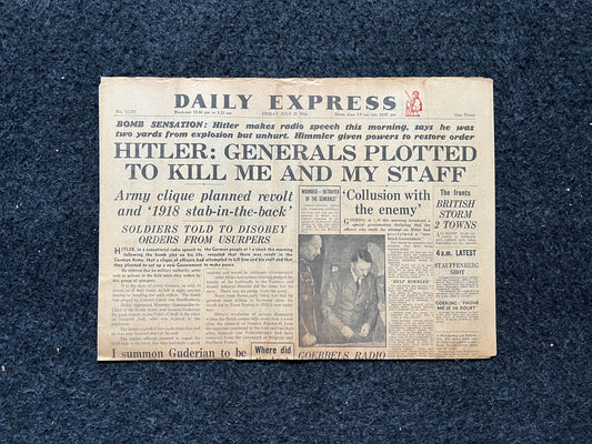 1944 WW2 Operation Valkyrie Assassination attempt on German Chancellor, WW2 Memorabilia, World War 2 Gifts, Vintage Newspaper, History decor
