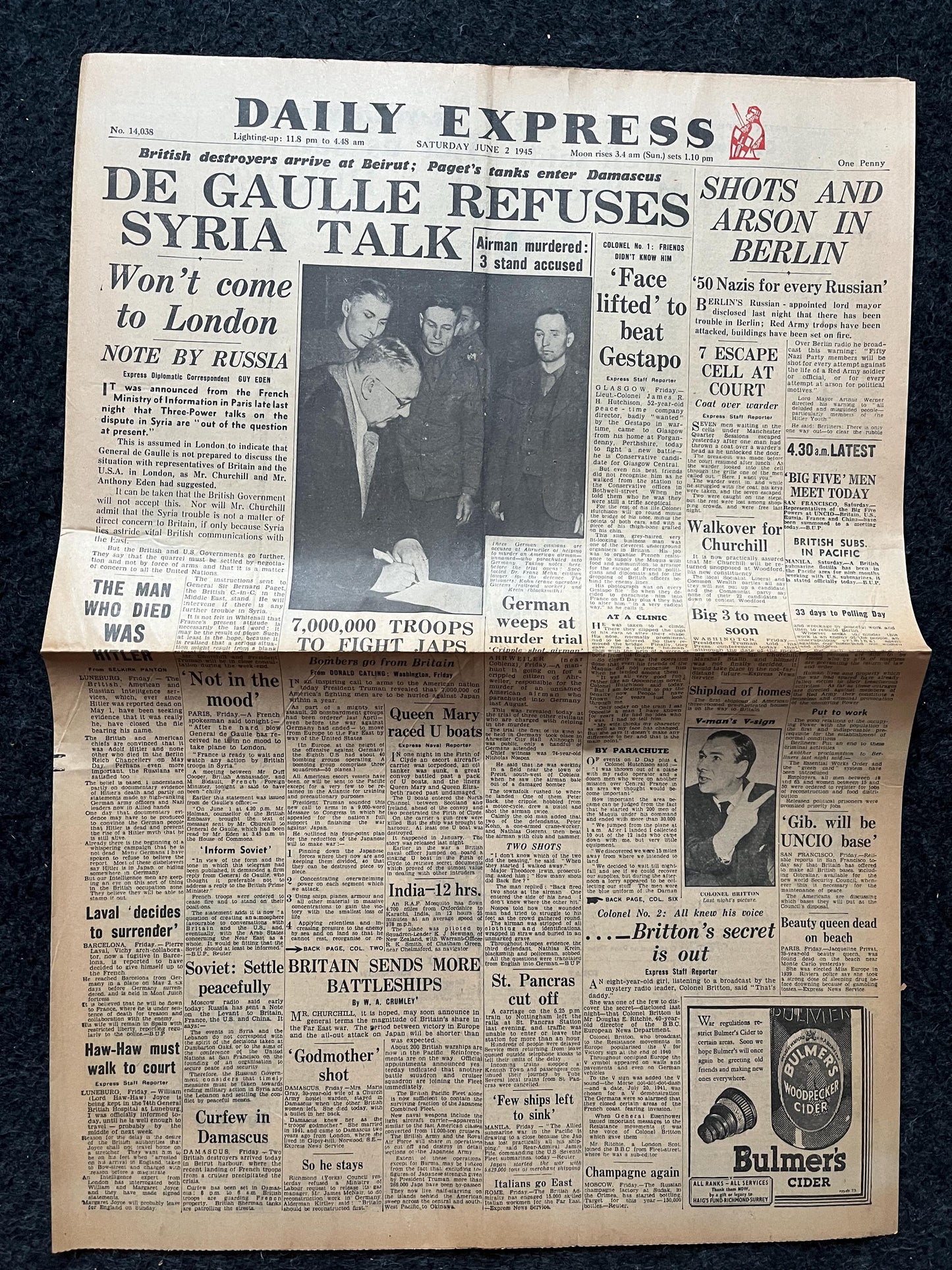 1945 World War II Charles de Gaulle, Syria Crisis in France