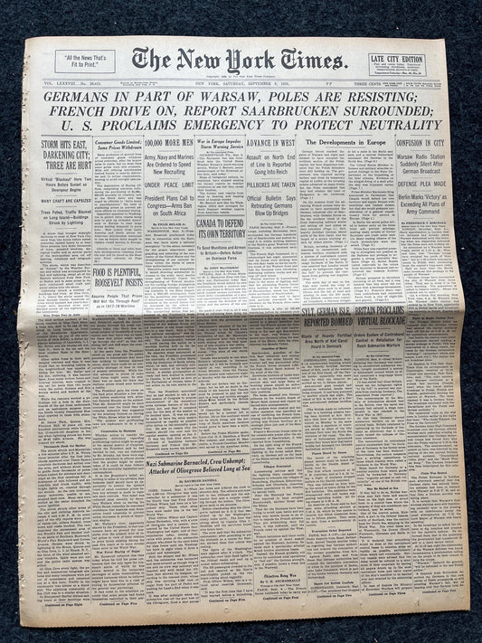 1939 Poland Fights Germany WW2 Early Vintage Newspaper, German Blitzkreig, Gift for him, World War 2 Memorabilia Gifts, History Gift