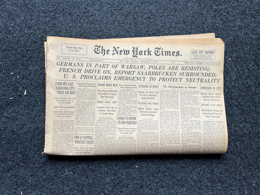 1939 Poland Fights Germany WW2 Early Vintage Newspaper, German Blitzkreig, Gift for him, World War 2 Memorabilia Gifts, History Gift