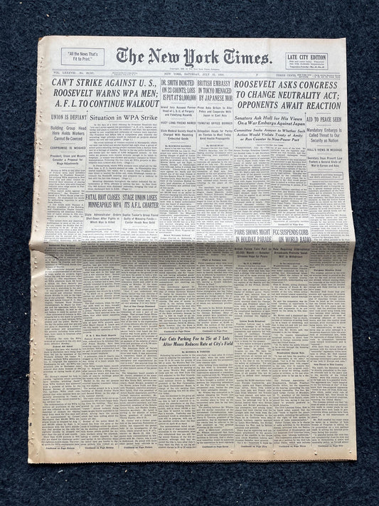 1939 WW2 US Neutrality, Military History Gifts, Vintage WW2 Decor, Original Newspaper, Fall of France, WW2 Memorabilia, World War 2