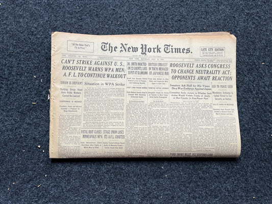 1939 WW2 US Neutrality, Military History Gifts, Vintage WW2 Decor, Original Newspaper, Fall of France, WW2 Memorabilia, World War 2