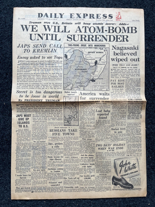 WW2 1945 Atomic Bombing of Hiroshima - World War 2 Memorabilia, WW2 Propaganda, Vintage Newspaper Collectible, Military Gifts