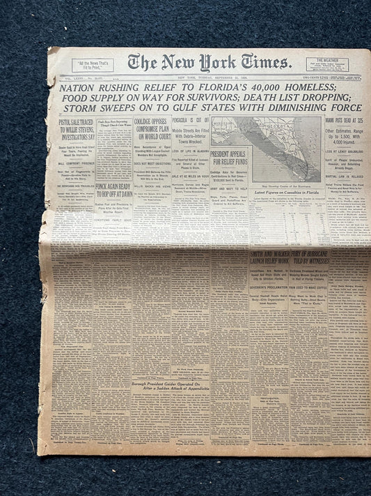 1926 Great Miami Hurricane, Original Vintage Newspaper, Miami Florida Artwork, Florida Souvenirs, Floridian Gifts, Miami Souvenirs and Decor