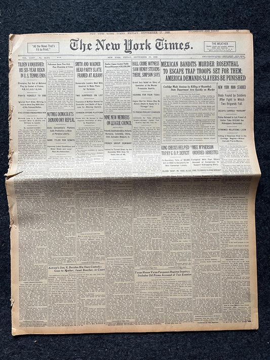 1926 Banker Rosenthal Murder by Bandits, Original Vintage Newspaper, Great Depression Gangster Collectible, Man Cave Bar Arts, Gifts for Him