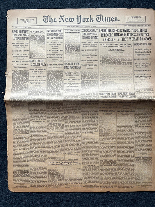 1926 Gertrude Ederle Swims English Channel, Female Empowerment, Girl Power, Original Vintage Newspaper, Aviation History Gifts, British Art