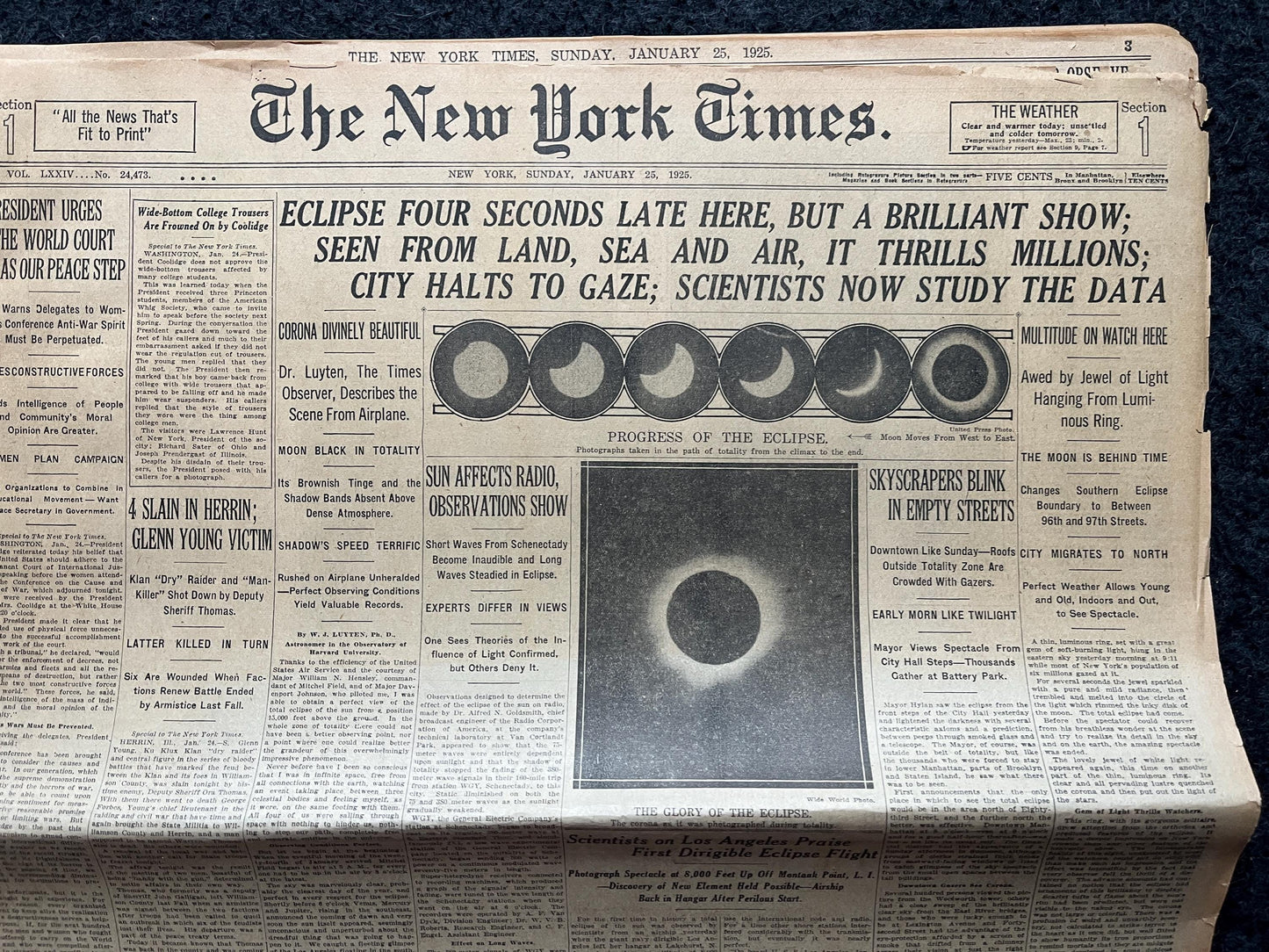 Original 1925 Great American Solar Eclipse Newspaper, New York City Gifts Decorations, NASA Artwork, Space Nerdy Souvenirs, Sun Artwork
