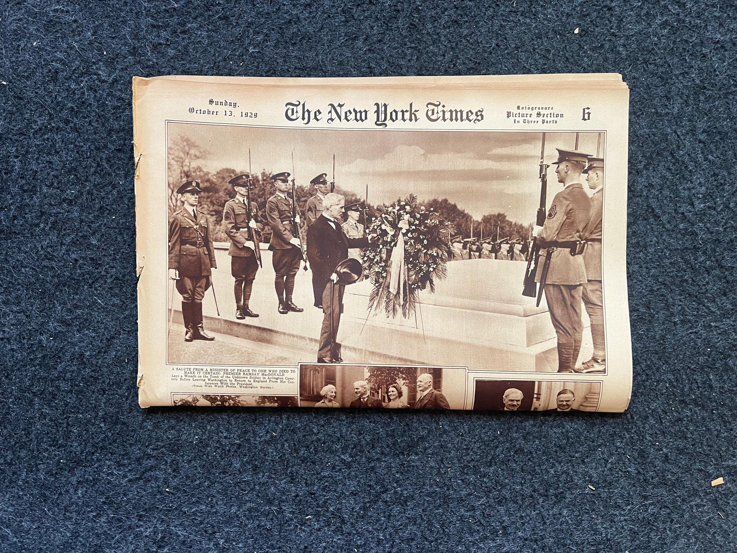 1929 Wreath Laying of WWI Tomb of Unknown Soldier Burial Newspaper, WWI Memorabilia, Arlington Cemetery Burial – US Military