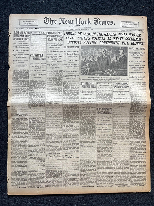1928 Great Depression Hoover Appeals to Nation, Vintage Newspaper History and Artwork, Original History Memorabilia,