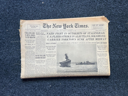 1942 Battle of Midway Yorktown Sunk WW2 Newspaper, Vintage Military Antiques, History Gifts For Dads, Ship Decor US Navy Souvenir, Japan Art