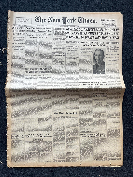 1943 Naples Surrenders to Allies, Late WW2 European Theatre Newspaper - Original Vintage World War 2 Memorabilia, Dad Gifts, History Present