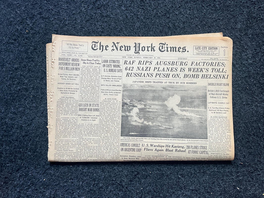 1944 RAF Rips Germany, Russia Take Helsinki, Gifts for Him, Military Decor, Late WW2 Theatre Newspaper, Military Decor, Antique Collectibles