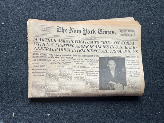 1951 MacArthur China UN Korean War, US Forces Aid Korea, Korean Art history, Original Vintage Newspaper, KPOP Gifts Decor, Asian Souvenirs