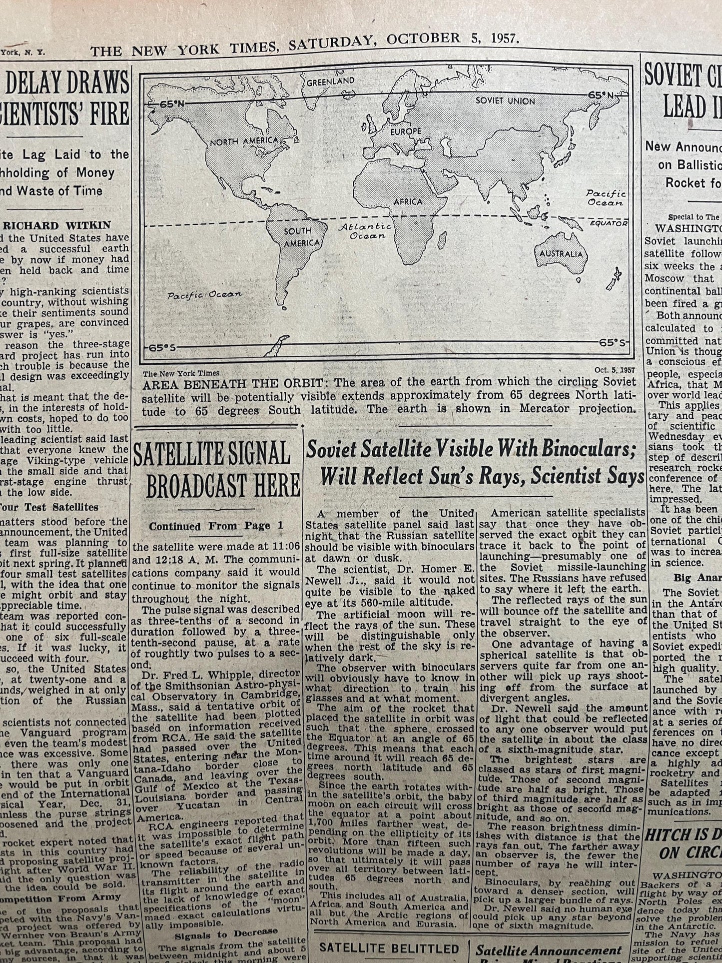 1957 Sputnik Launch New York Times - Day Of USSR Space Race Cosmonauts - USA Apollo Program Space Program - Space History Vintage Newspaper