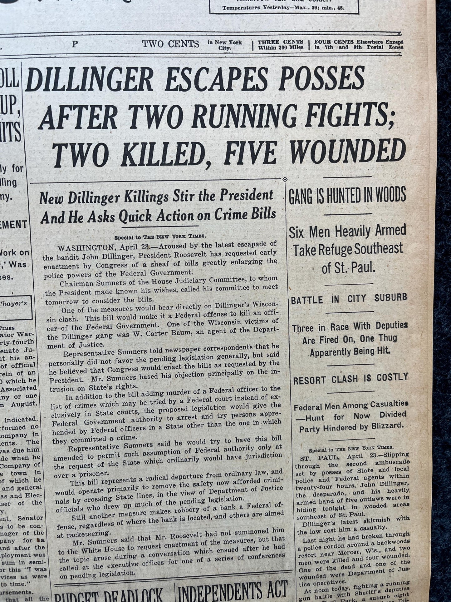 1934 Jon Dillinger Escapes Posse Newspaper, Gifts for Him, Kansas City Memorabilia Souvenirs, True Crime Memorabilia, Bar Mancave Gifts