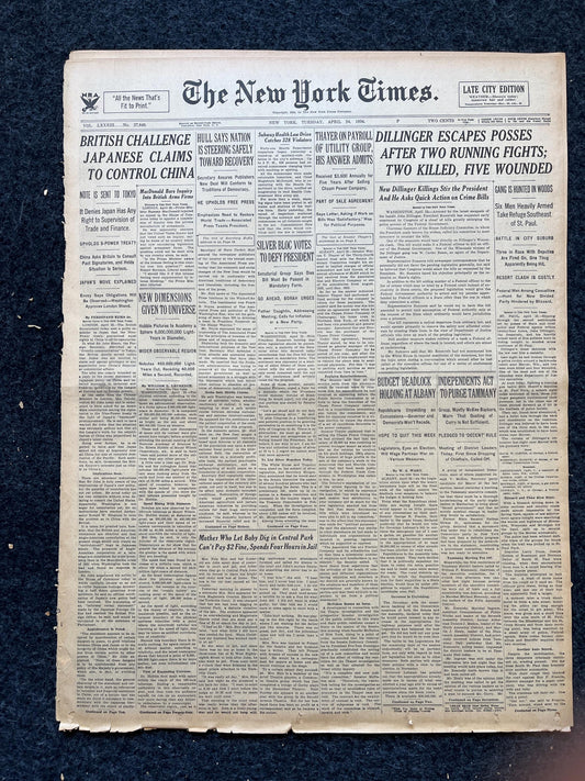 1934 Jon Dillinger Escapes Posse Newspaper, Gifts for Him, Kansas City Memorabilia Souvenirs, True Crime Memorabilia, Bar Mancave Gifts