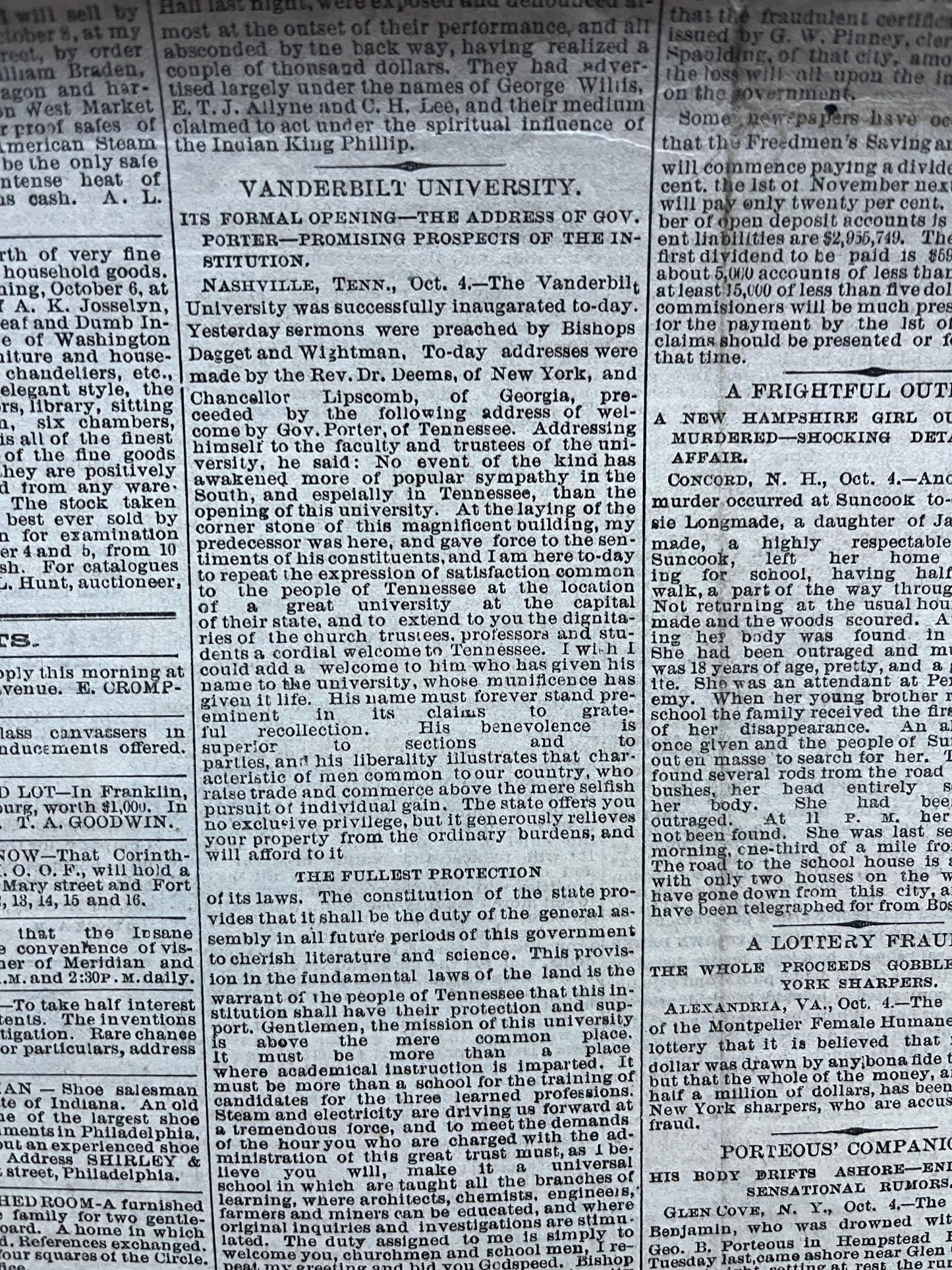 1875 Opening of Vanderbilt University, Vanderbilt Gifts and Souvenirs, Tenessee Gifts, Nashville Souvenirs and Gifts Original Newspaper
