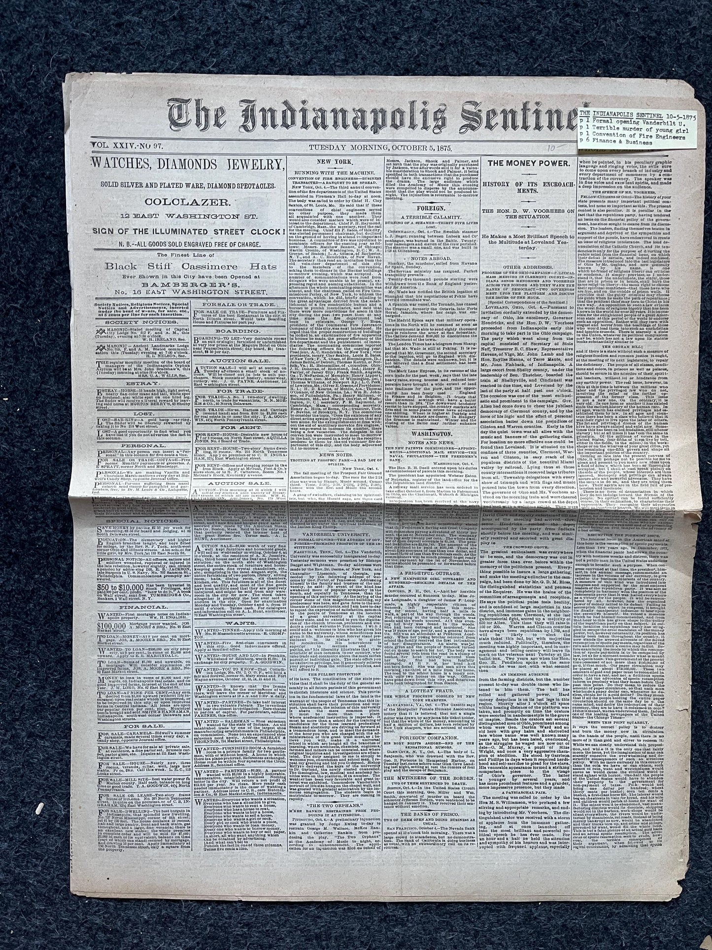 1875 Opening of Vanderbilt University, Vanderbilt Gifts and Souvenirs, Tenessee Gifts, Nashville Souvenirs and Gifts Original Newspaper