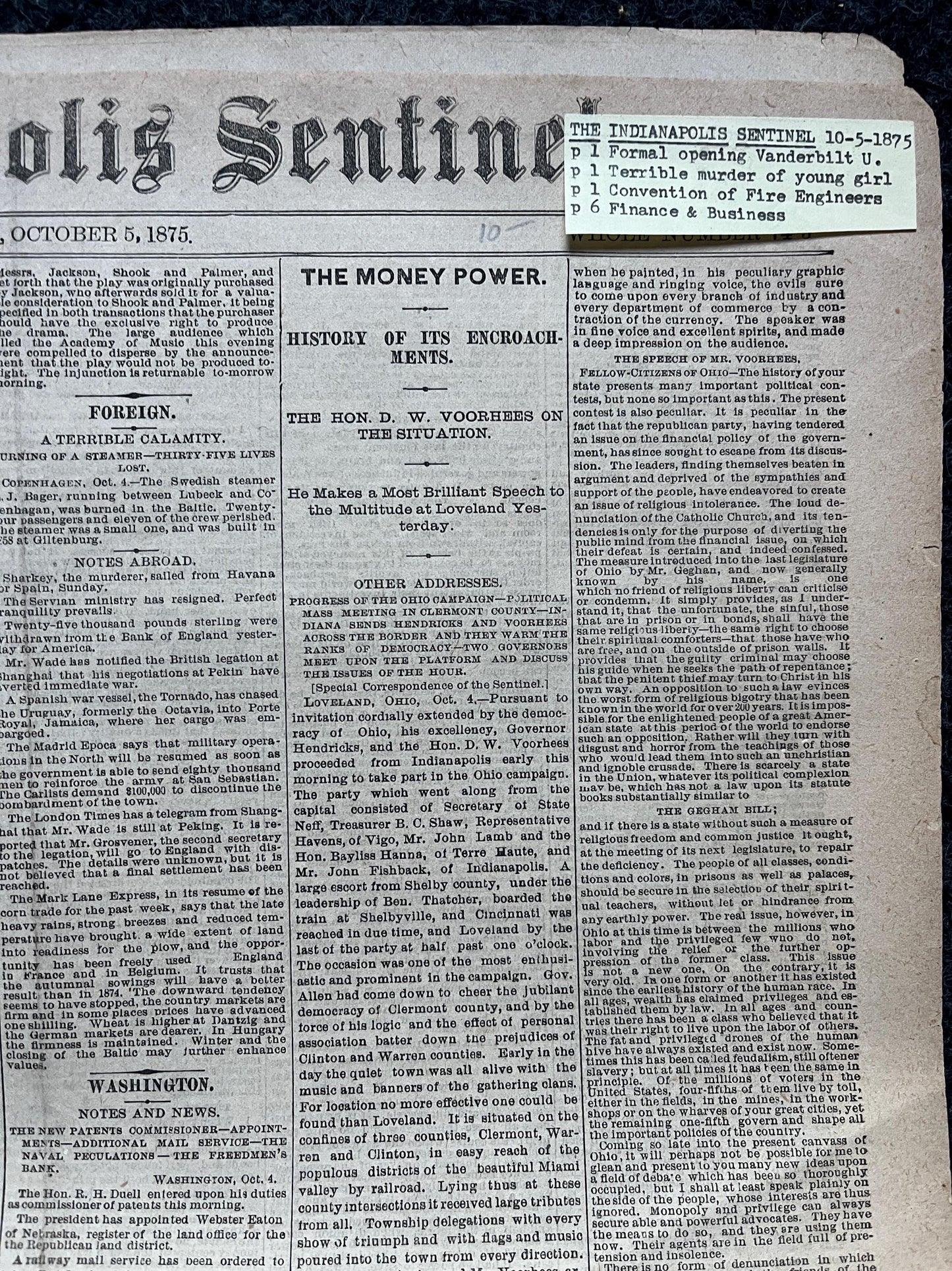 1875 Opening of Vanderbilt University, Vanderbilt Gifts and Souvenirs, Tenessee Gifts, Nashville Souvenirs and Gifts Original Newspaper