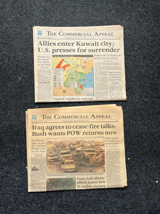 1991 Operation Desert Storm War Ends- Original Vintage Newspaper - George Bush Sr Declares War on Iraq Kuwait Middle East History