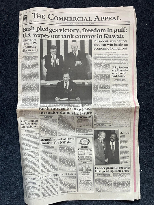 1991 Operation Desert Storm War and Peace Declarations Day Of - Original Vintage Newspaper - George Bush Sr Declares War on Iraq Kuwait