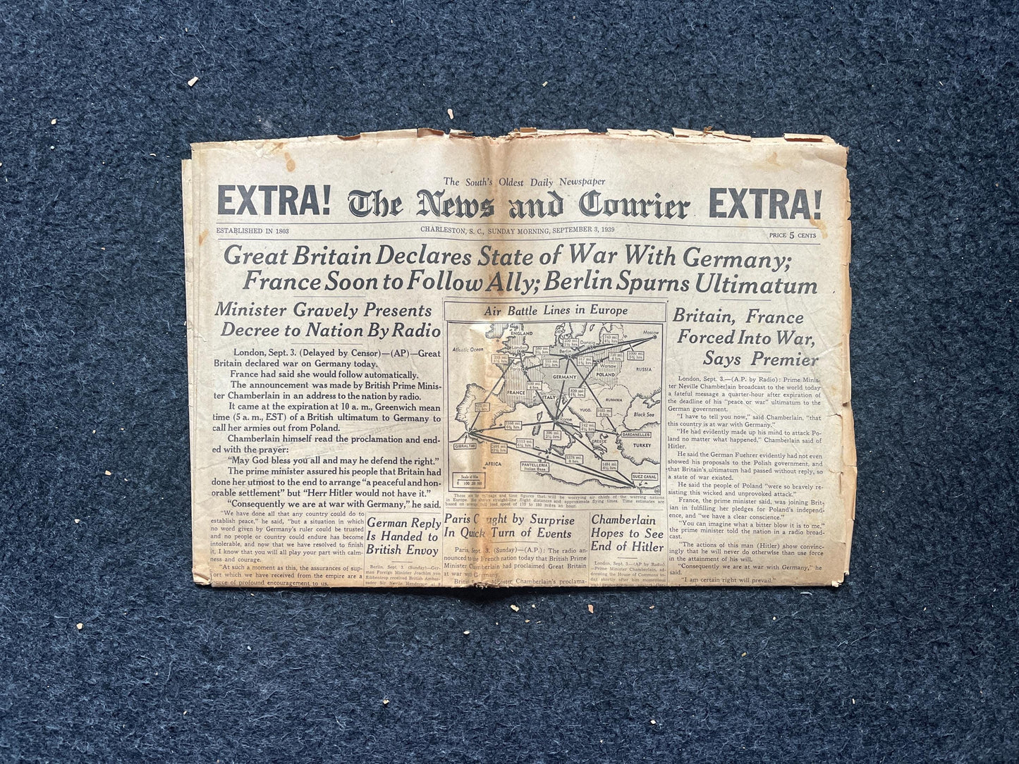 WW2 Declaration of War by Britain and France Sinking of British Cruise liner Athenia by German Uboats - Vintage Newspaper World War 2