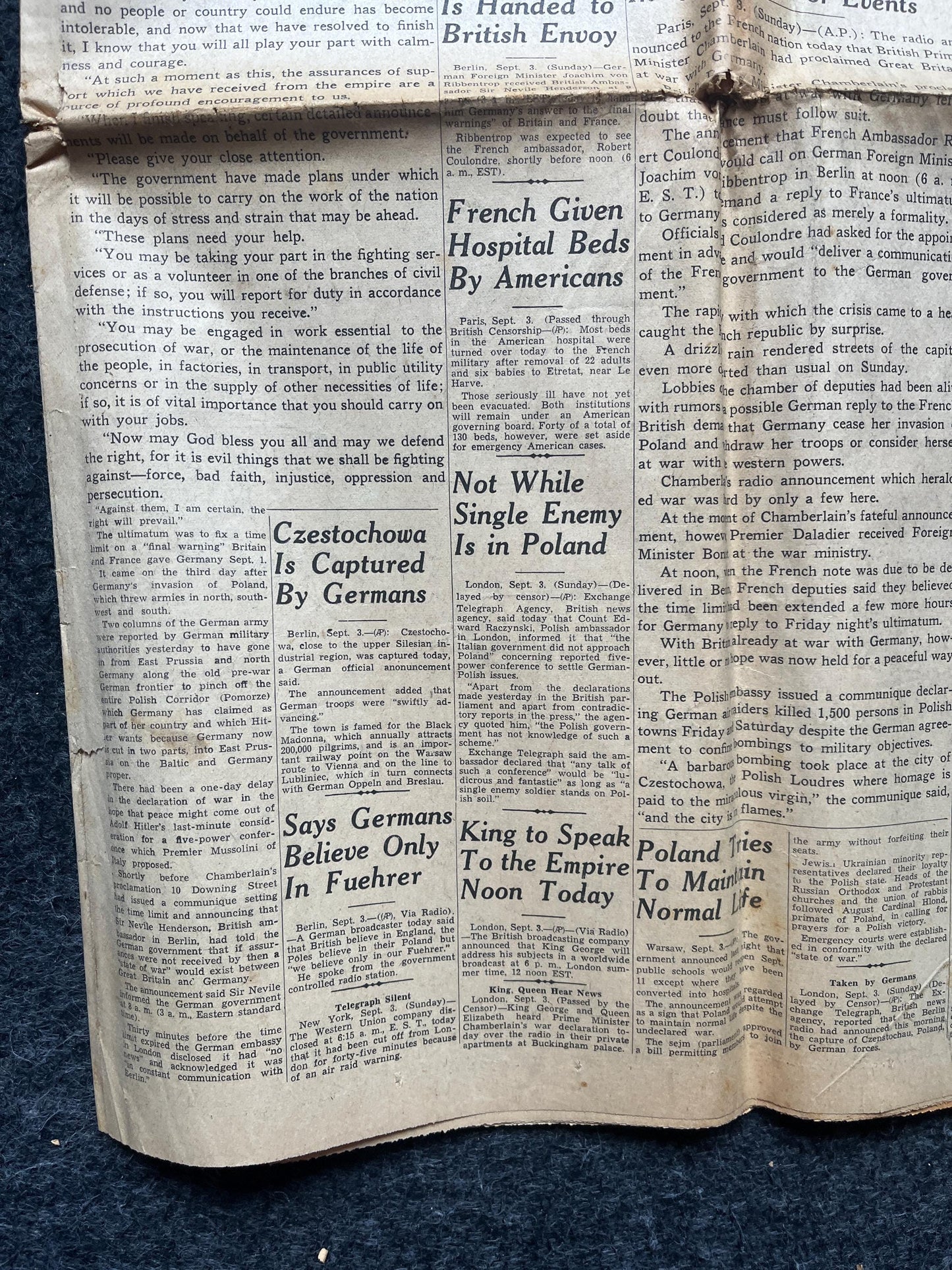 WW2 Declaration of War by Britain and France Sinking of British Cruise liner Athenia by German Uboats - Vintage Newspaper World War 2