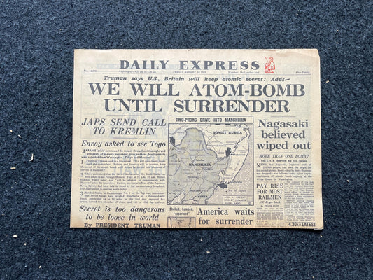 WW2 1945 Atomic Bombing of Hiroshima - World War 2 Memorabilia, WW2 Propaganda, Vintage Newspaper Collectible, Military Gifts