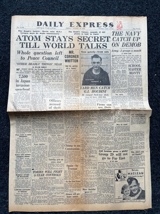 WW2 1945 Atomic Bombing of Hiroshima - World War 2 Memorabilia, WW2 Propaganda, Vintage Newspaper Collectible, Military Gifts