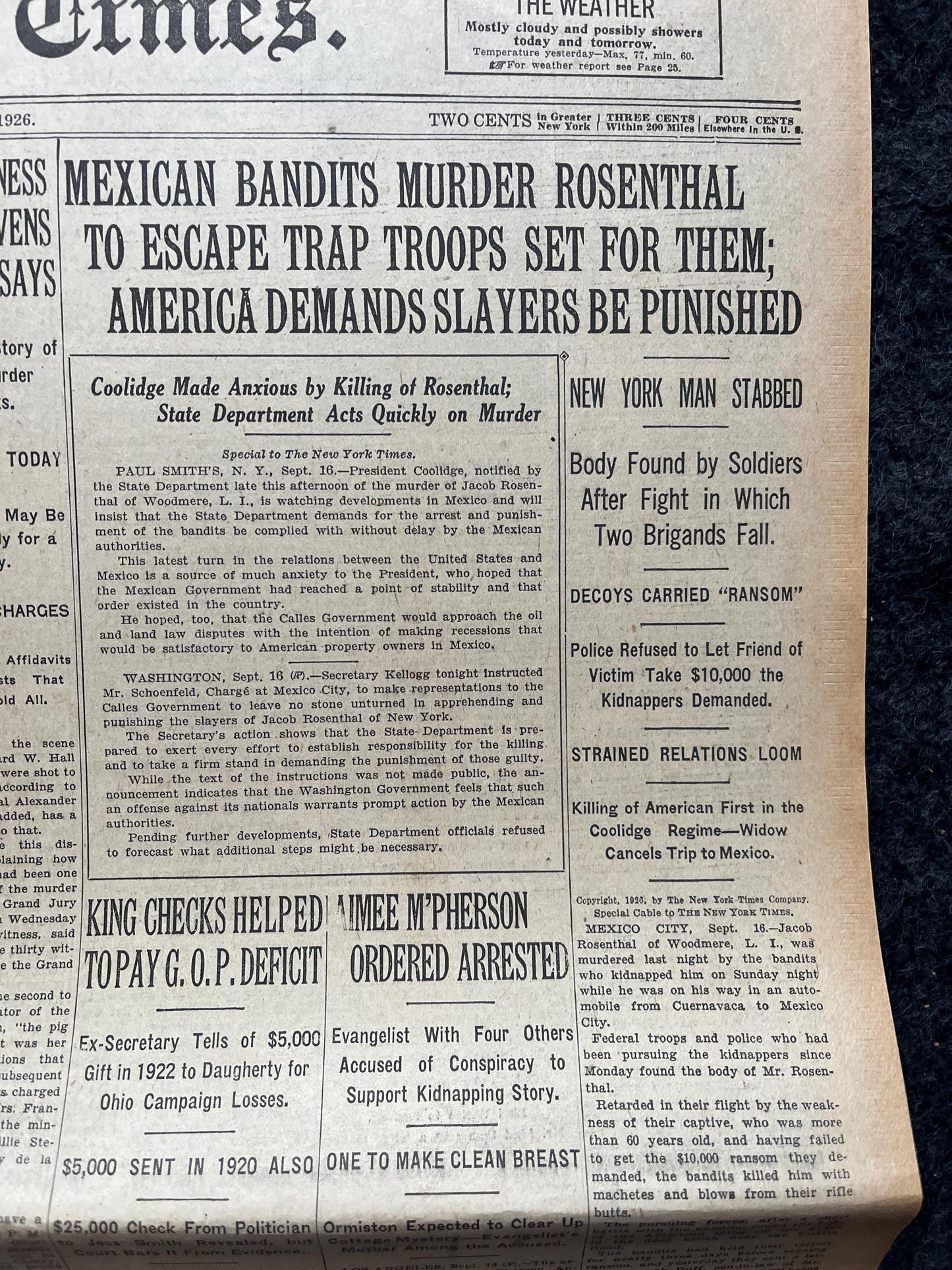 1926 Banker Rosenthal Murder by Bandits, Original Vintage Newspaper, Great Depression Gangster Collectible, Man Cave Bar Arts, Gifts for Him