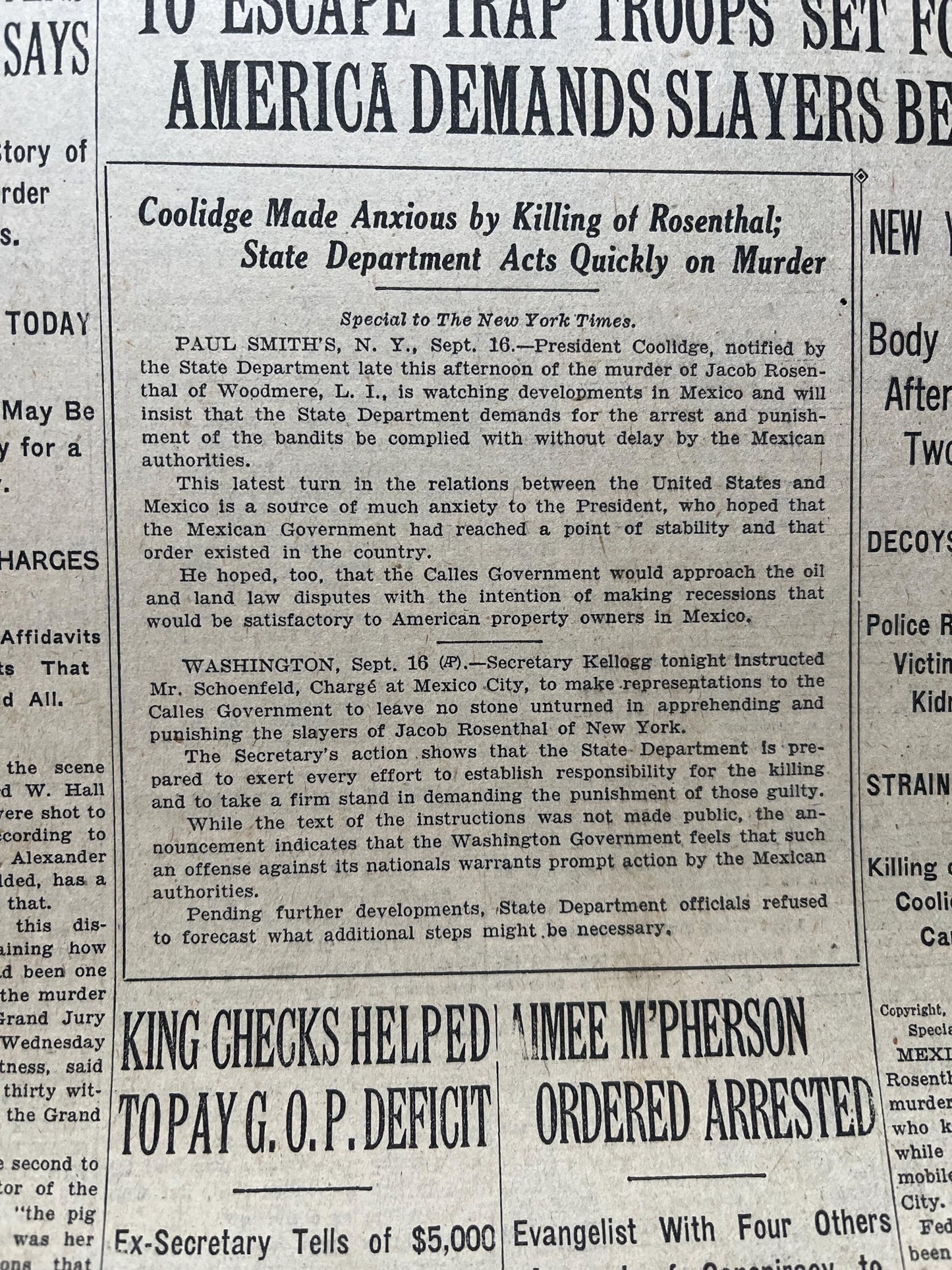 1926 Banker Rosenthal Murder by Bandits, Original Vintage Newspaper, Great Depression Gangster Collectible, Man Cave Bar Arts, Gifts for Him