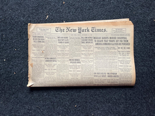 1926 Banker Rosenthal Murder by Bandits, Original Vintage Newspaper, Great Depression Gangster Collectible, Man Cave Bar Arts, Gifts for Him