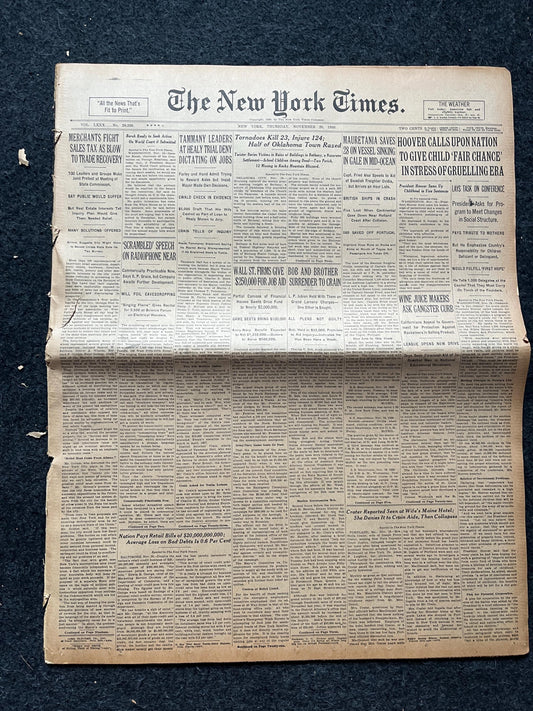1932 Great Depression Hoover Appeals to Nation, Vintage Newspaper History and Artwork, Original History Memorabilia,