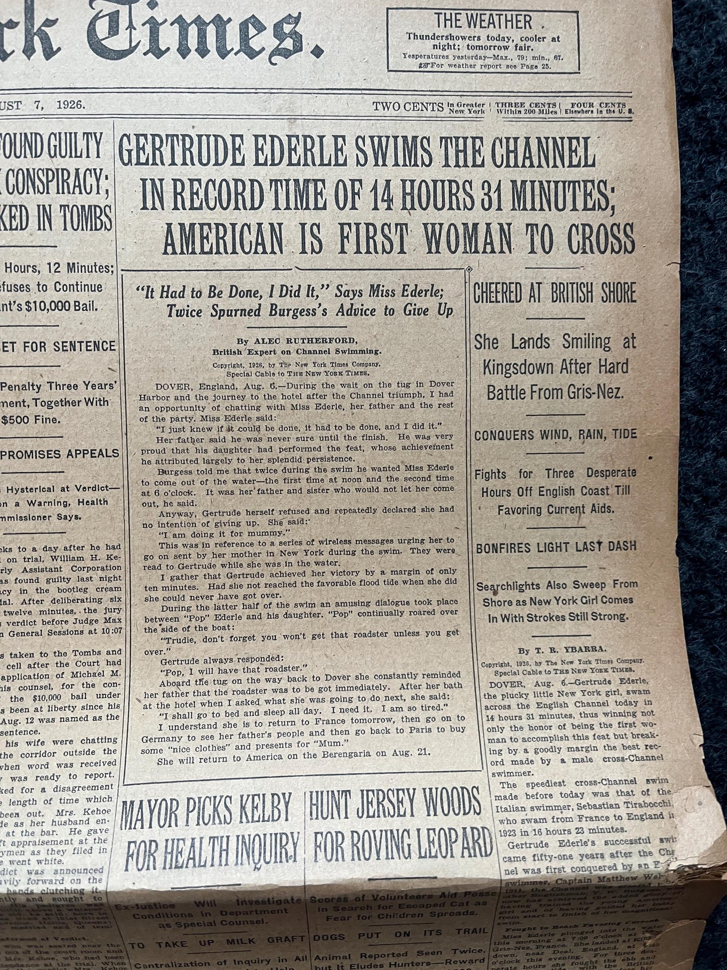1926 Gertrude Ederle Swims English Channel, Female Empowerment, Girl Power, Original Vintage Newspaper, Aviation History Gifts, British Art