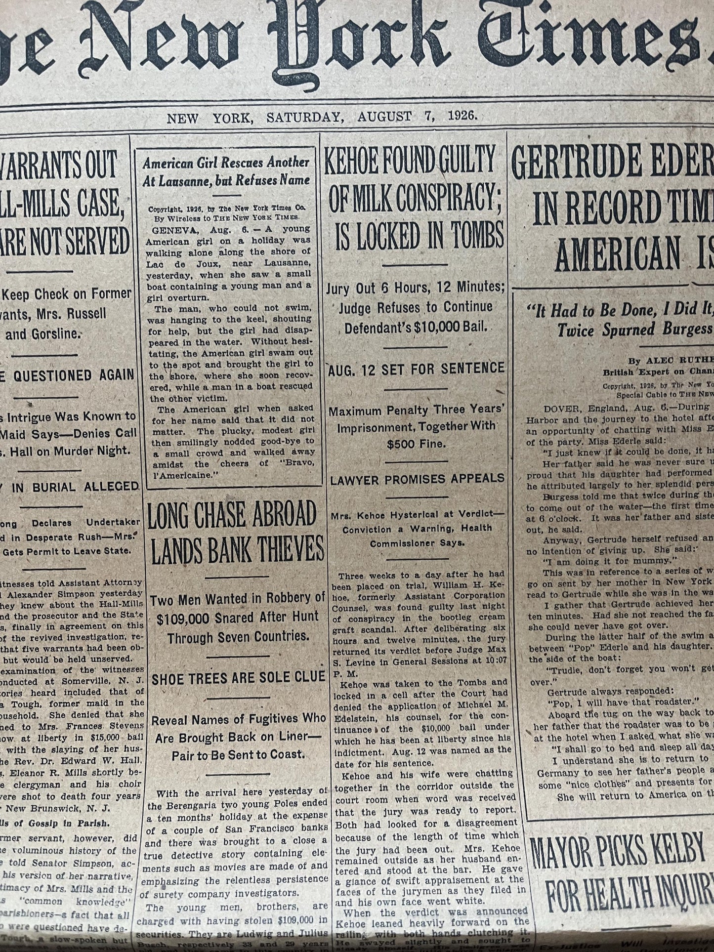 1926 Gertrude Ederle Swims English Channel, Female Empowerment, Girl Power, Original Vintage Newspaper, Aviation History Gifts, British Art