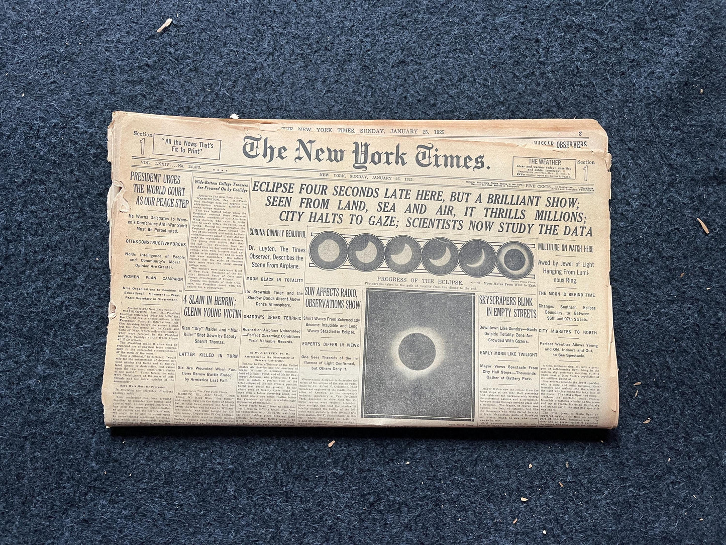 Original 1925 Great American Solar Eclipse Newspaper, New York City Gifts Decorations, NASA Artwork, Space Nerdy Souvenirs, Sun Artwork