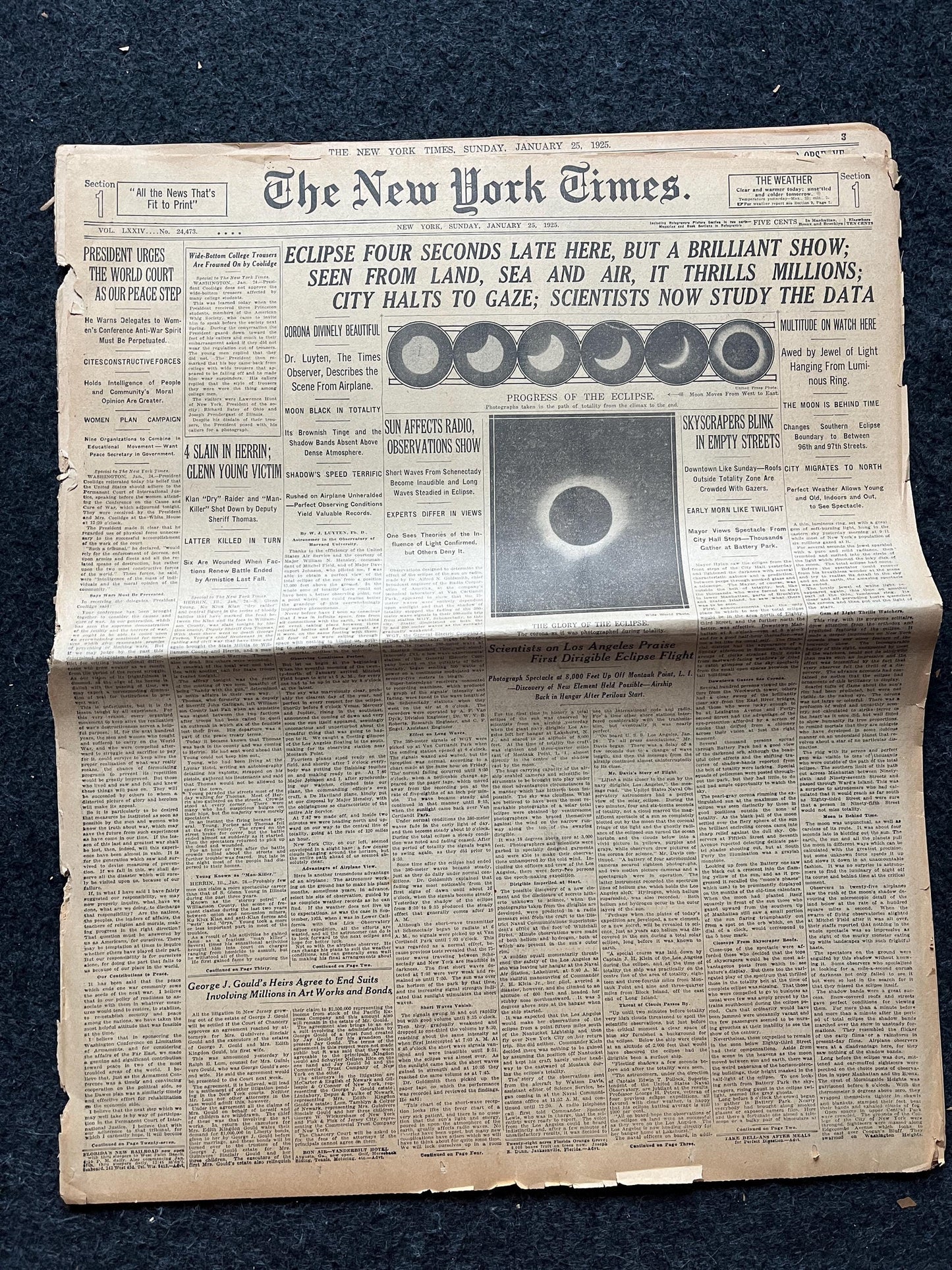 Original 1925 Great American Solar Eclipse Newspaper, New York City Gifts Decorations, NASA Artwork, Space Nerdy Souvenirs, Sun Artwork