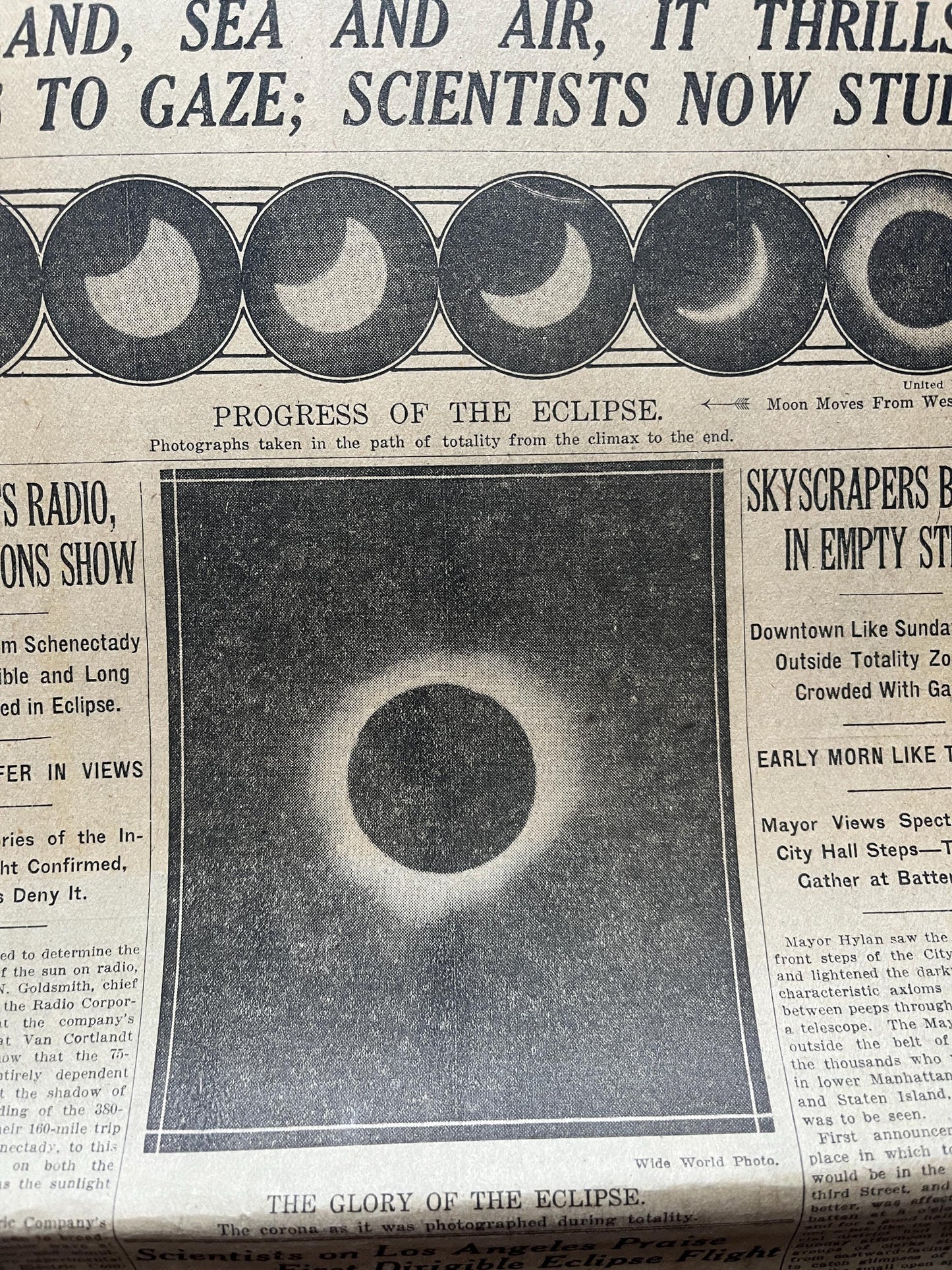 Original 1925 Great American Solar Eclipse Newspaper, New York City Gifts Decorations, NASA Artwork, Space Nerdy Souvenirs, Sun Artwork