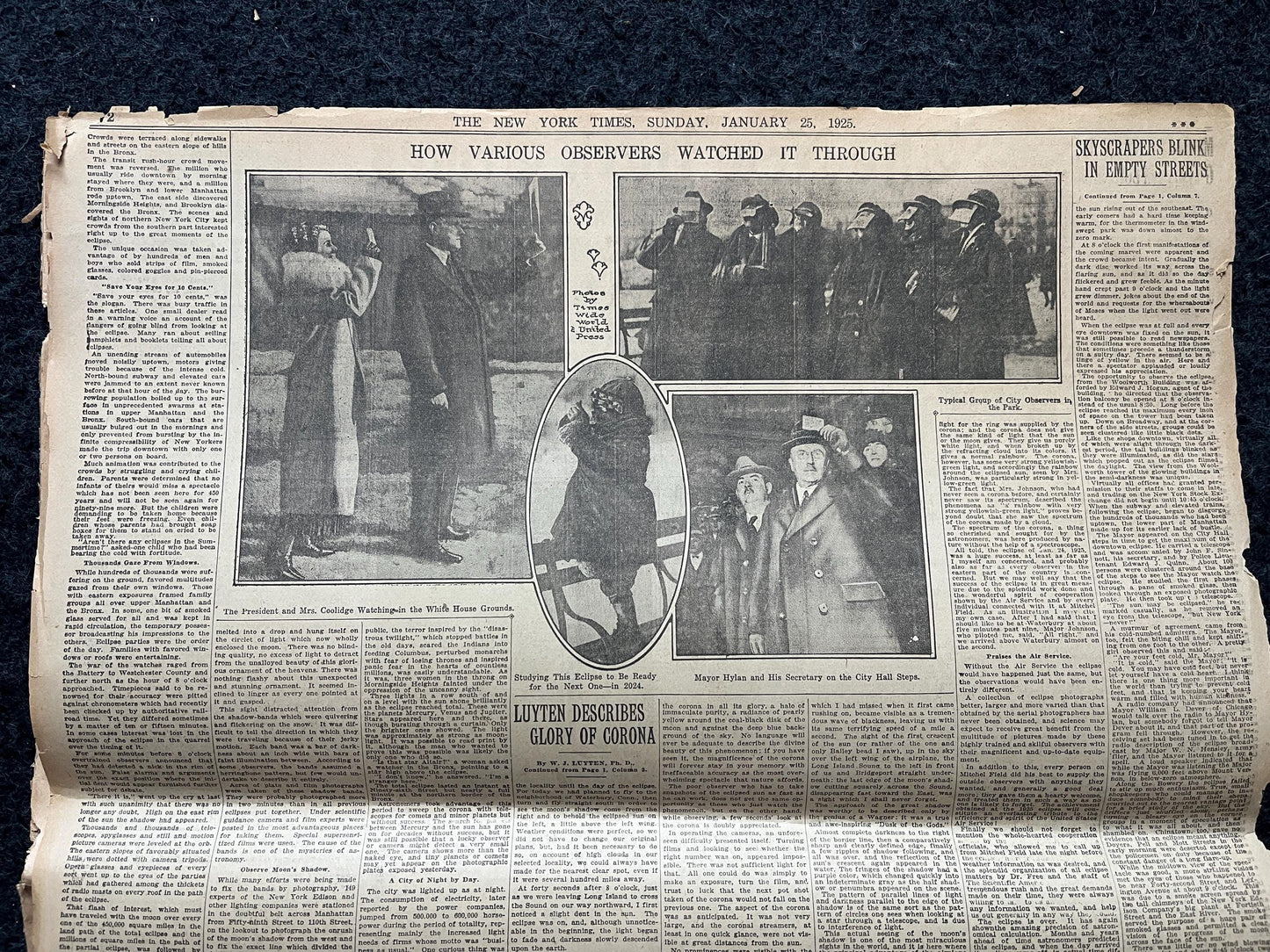 Original 1925 Great American Solar Eclipse Newspaper, New York City Gifts Decorations, NASA Artwork, Space Nerdy Souvenirs, Sun Artwork