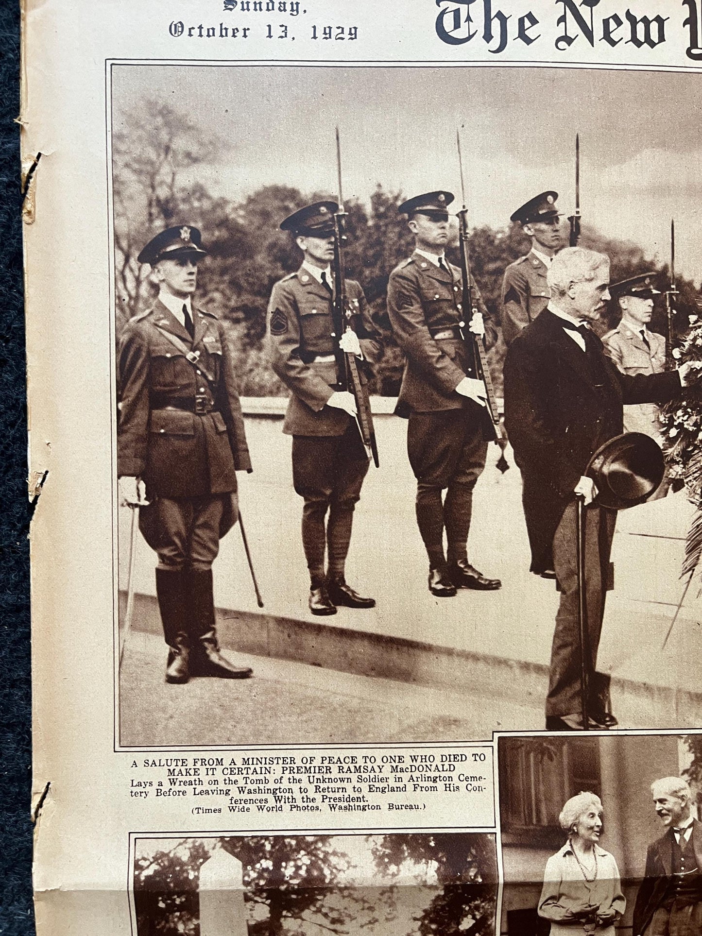 1929 Wreath Laying of WWI Tomb of Unknown Soldier Burial Newspaper, WWI Memorabilia, Arlington Cemetery Burial – US Military